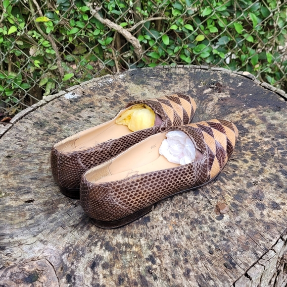 Vintage Ennesi Italy Brown/Gold Genuine Reptile Slip On Shoes - Picture 5 of 8